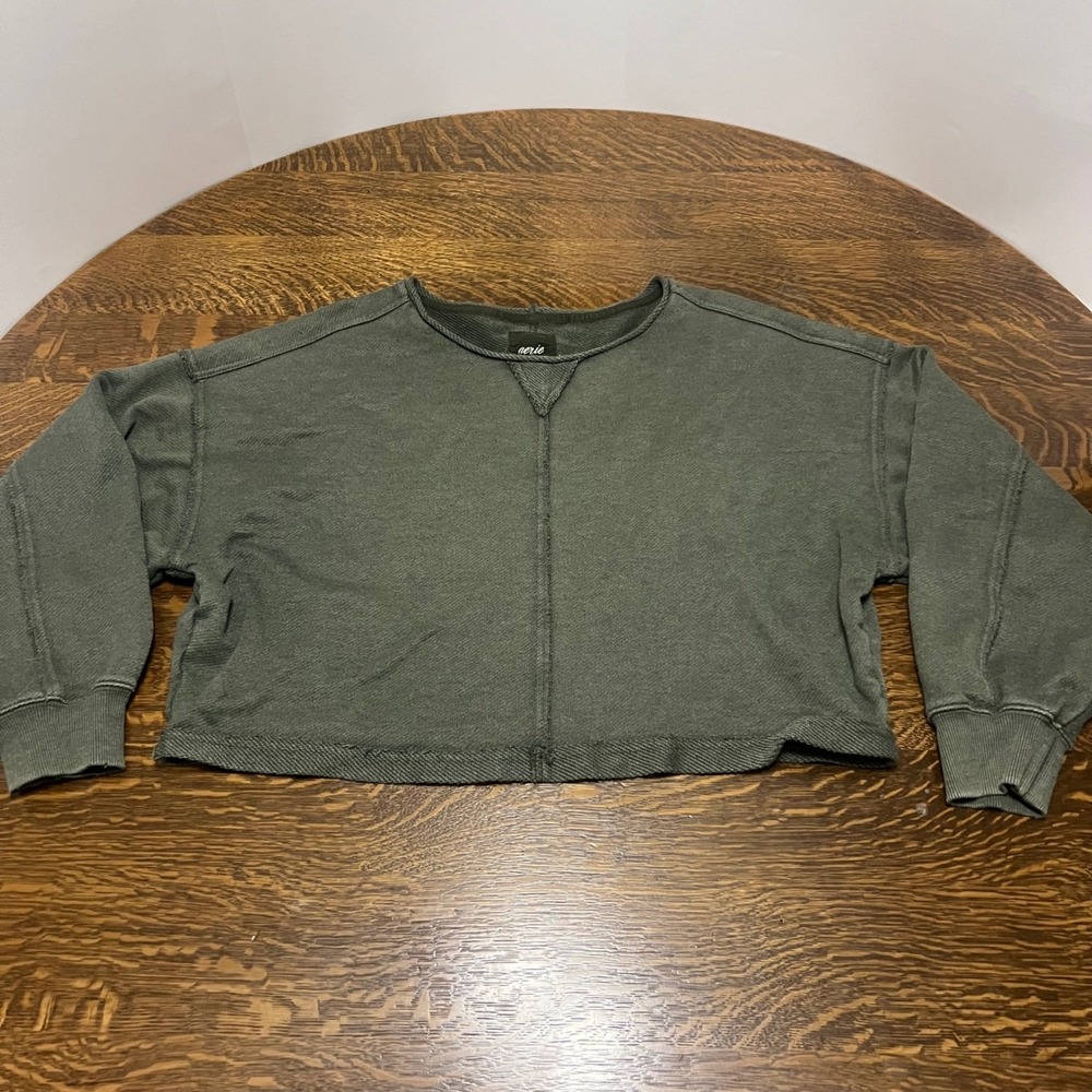 Aerie‎ Sweatshirt Womens XL Olive Green Oversized Cropped Exposed Seam Pullover